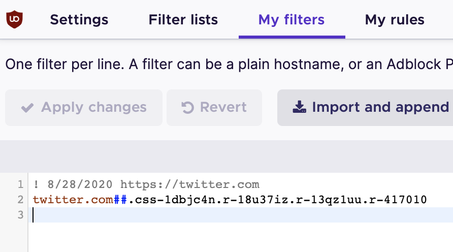uBlock Origin Dashboard